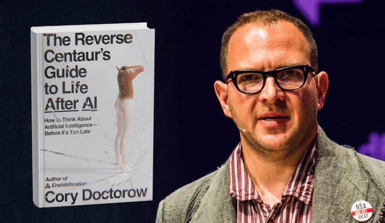 Cory Doctorow beside the cover of The Reverse Centaur's Guide to Life After AI